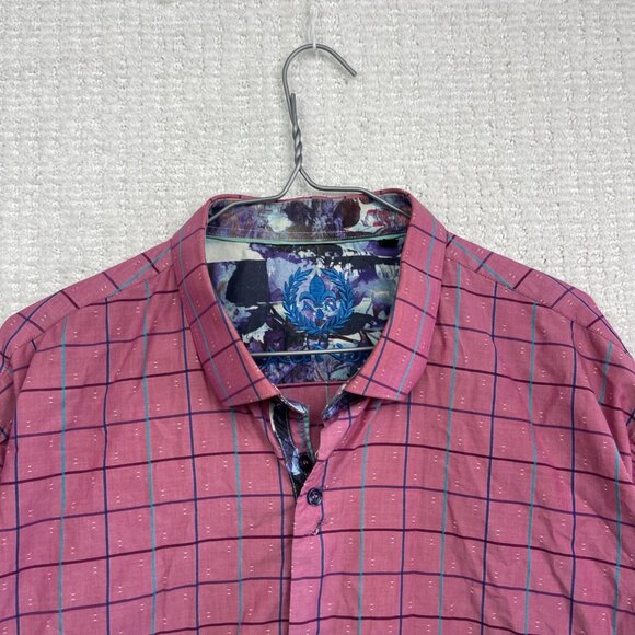 Au Noir Pink Dress Button Down Shirt Geometric Grid Watercolor Design Men Sz 7 - Picture 2 of 15